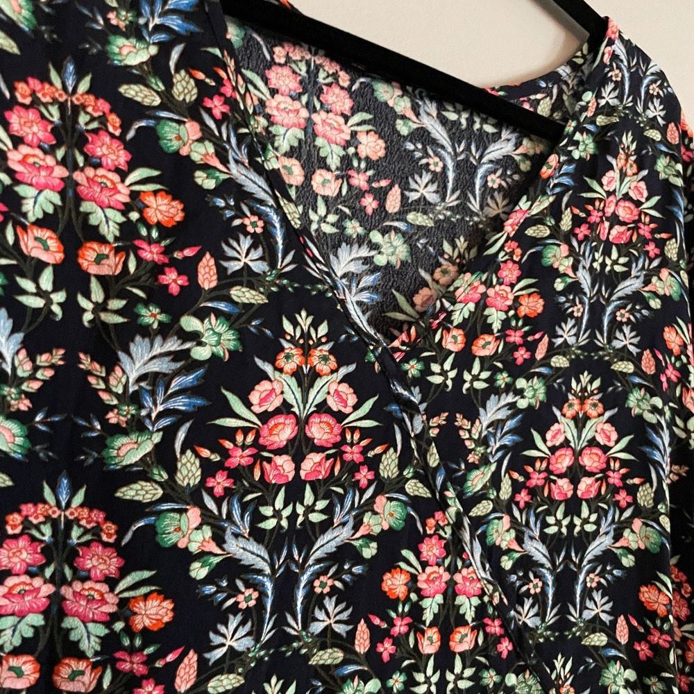LOFT Floral Damask Print Long Sleeve Cropped Blouse‎ Navy XL feminine career nwt - Picture 4 of 14